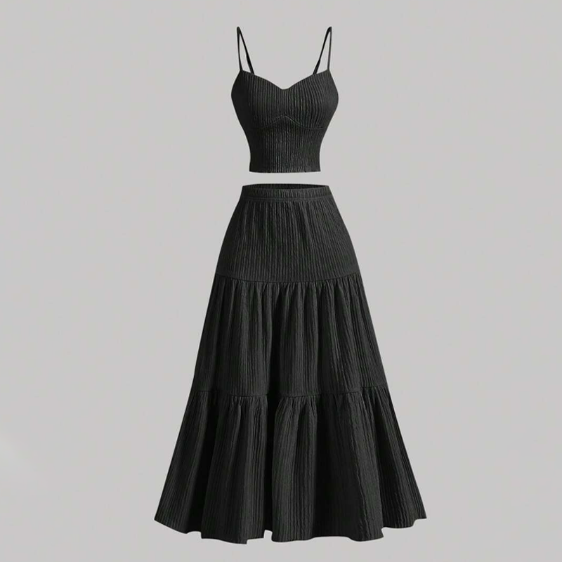 👗🌸 Högmidjad A-linje Kjol & Linne Set – 2-delat, Krinklat & Mångsidigt!