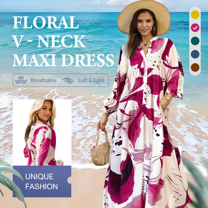 🌸💃 Blommig klänning för kvinnor Maxi med v-flame urringning