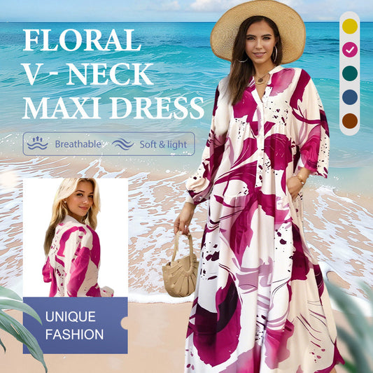 🌸💃 Blommig klänning för kvinnor Maxi med v-flame urringning