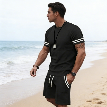 ✨🔥 2-delat set för män: randig t-shirt och shorts