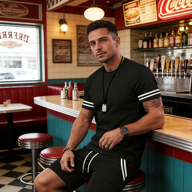 ✨🔥 2-delat set för män: randig t-shirt och shorts