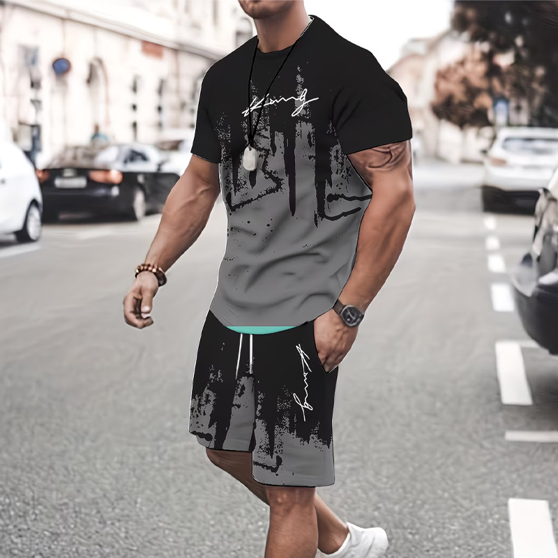 Herre t-skjorte og shorts med grafikk – Mykt stoff, dristig design og perfekt for sommerdager