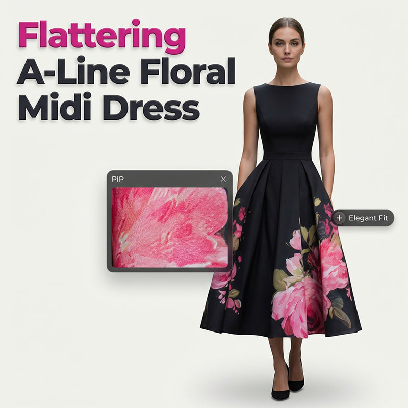 Elegant, ermeløs A-formet midikjole med blomstertrykk