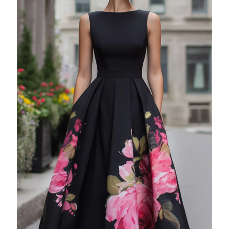 Elegant, ermeløs A-formet midikjole med blomstertrykk