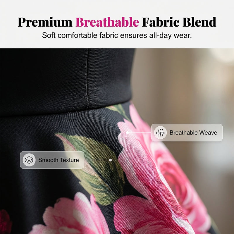 Elegant, ermeløs A-formet midikjole med blomstertrykk