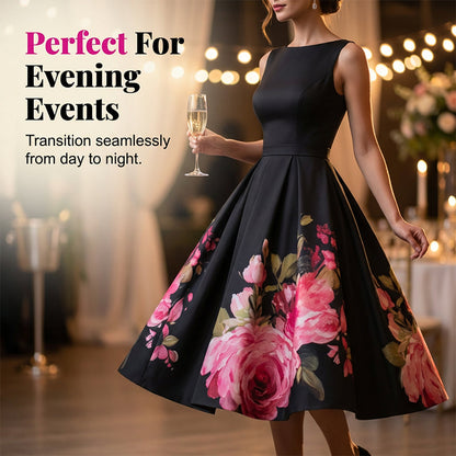 Elegant, ermeløs A-formet midikjole med blomstertrykk