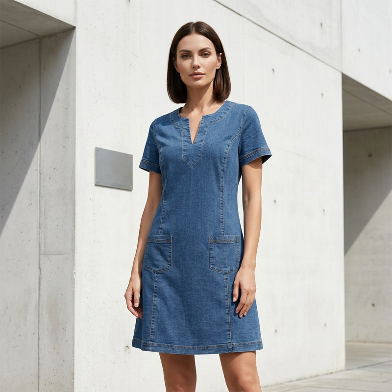 👗 50% RABATT NÅ! 🌸V-hals kortermet denimkjole for kvinner