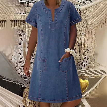 👗 50% RABATT NÅ! 🌸V-hals kortermet denimkjole for kvinner