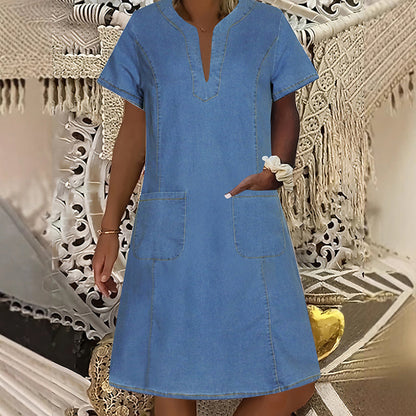 👗 50% RABATT NÅ! 🌸V-hals kortermet denimkjole for kvinner