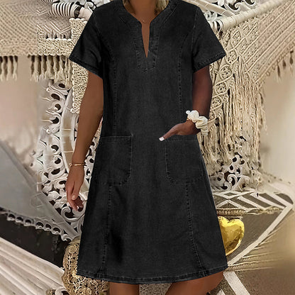 👗 50% RABATT NÅ! 🌸V-hals kortermet denimkjole for kvinner