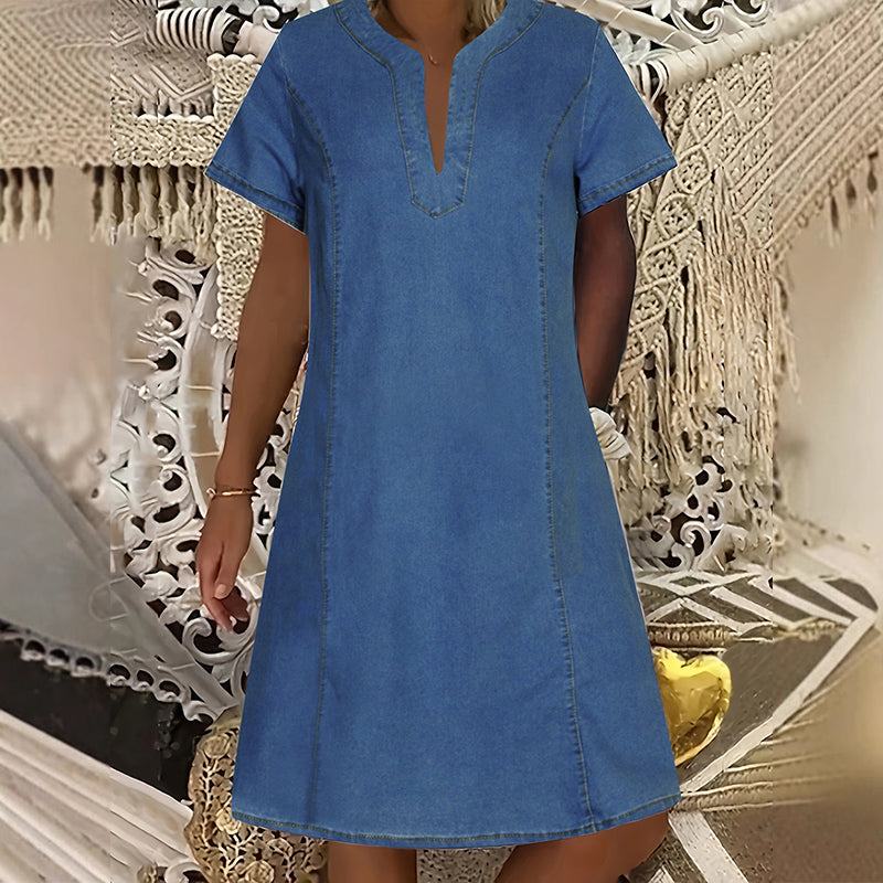 👗 50% RABATT NÅ! 🌸V-hals kortermet denimkjole for kvinner