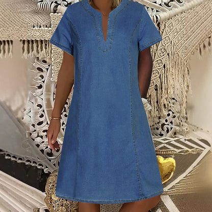 👗 50% RABATT NÅ! 🌸V-hals kortermet denimkjole for kvinner