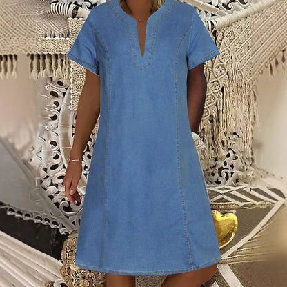 👗 50% RABATT NÅ! 🌸V-hals kortermet denimkjole for kvinner