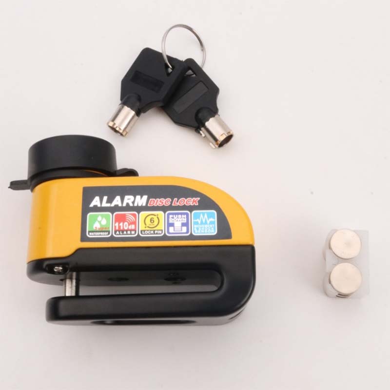 ⏰Alarmskivelås for motorsykler – 110 dB høy alarm, låsing med én knapp, høyfast aluminiumslegering, bevegelsessensor, værbestandig – Svart, rød, blå, gul