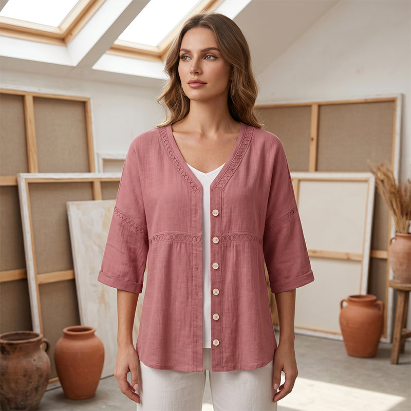 👕🌸 V-hals blondebluse med knapper