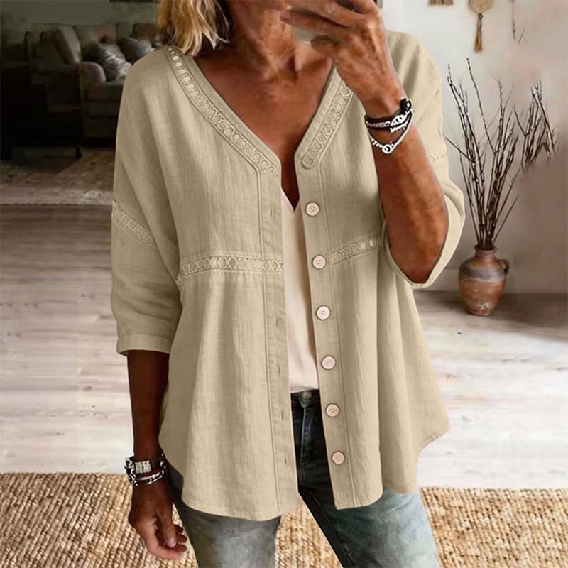 👕🌸 V-hals blondebluse med knapper