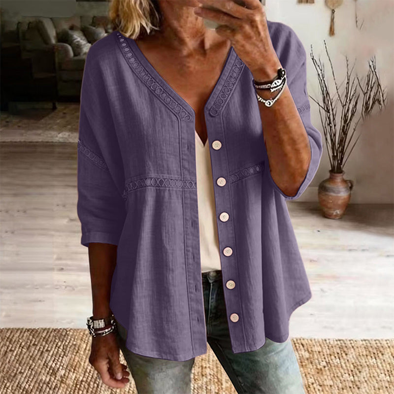 👕🌸 V-hals blondebluse med knapper