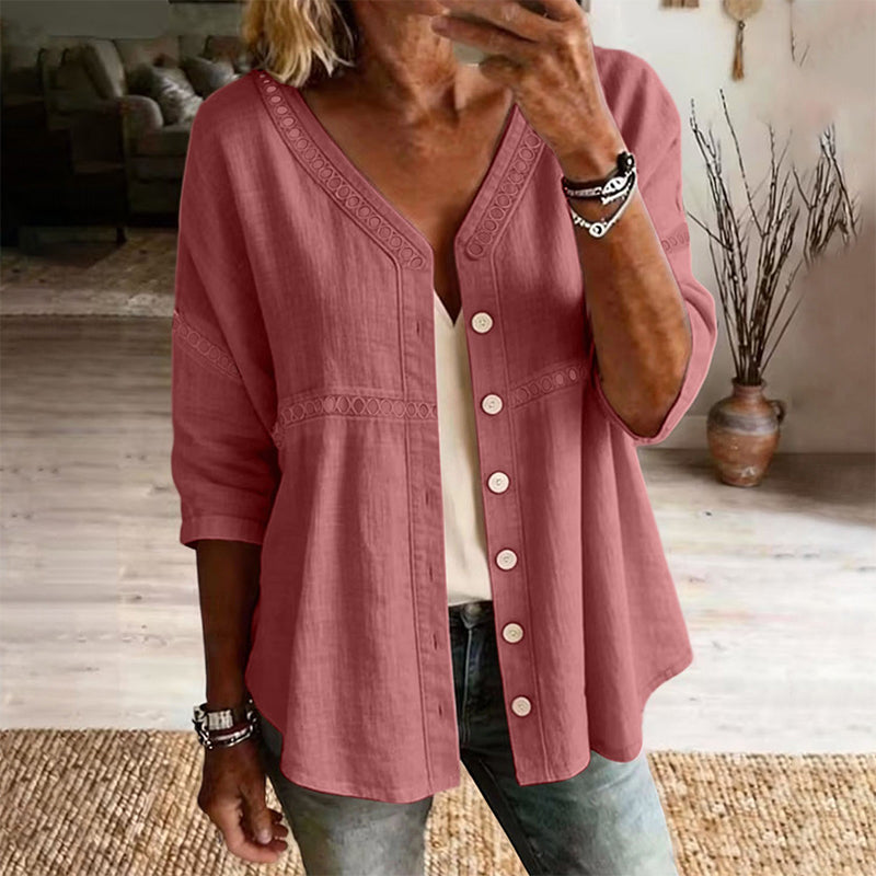 👕🌸 V-hals blondebluse med knapper