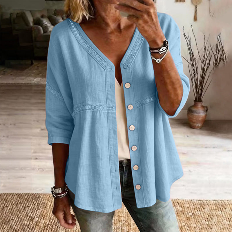👕🌸 V-hals blondebluse med knapper