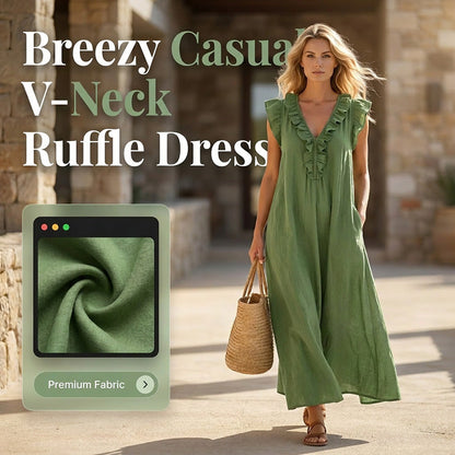 👗 50 % RABATT NÅ! 🌸 Vårkjole uten ermer med V-hals og rysjer for kvinner – Lett og luftig snitt – Perfekt for sommerdager, stranden eller brunsj – sjarmerende og behagelig å ha på seg 💃