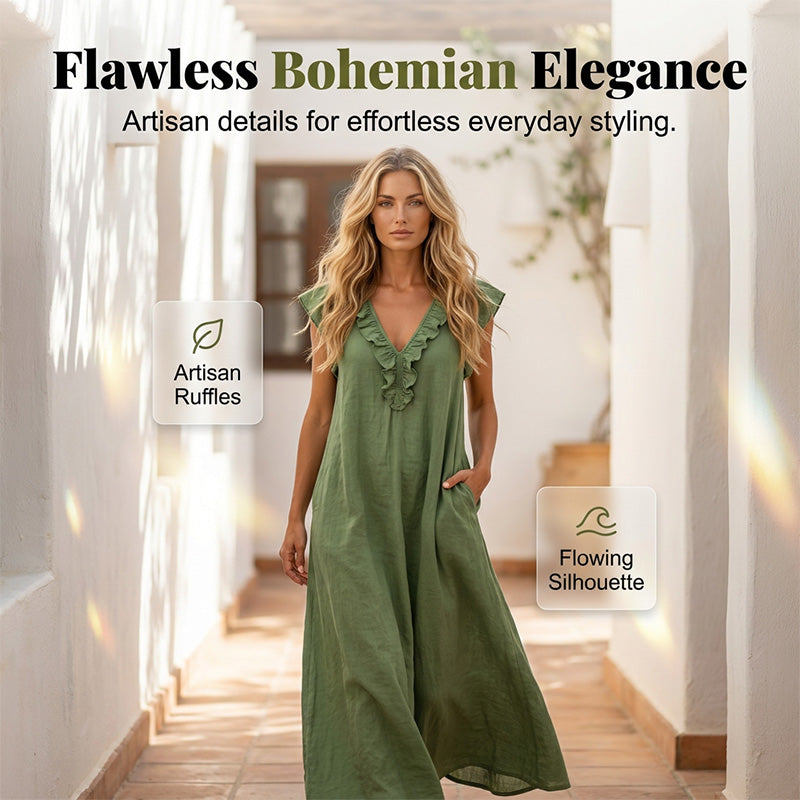 👗 50 % RABATT NÅ! 🌸 Vårkjole uten ermer med V-hals og rysjer for kvinner – Lett og luftig snitt – Perfekt for sommerdager, stranden eller brunsj – sjarmerende og behagelig å ha på seg 💃