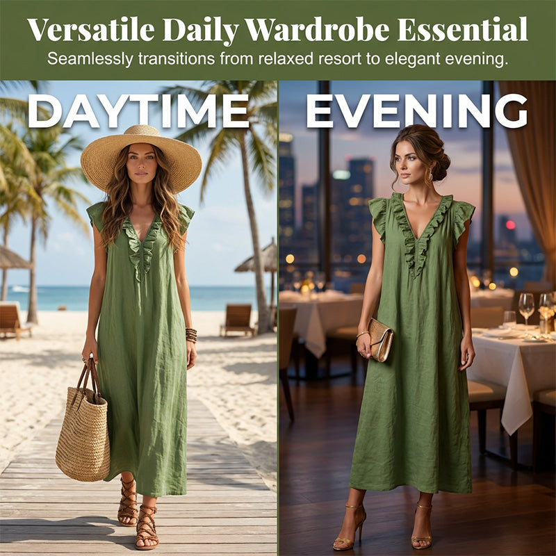 👗 50 % RABATT NÅ! 🌸 Vårkjole uten ermer med V-hals og rysjer for kvinner – Lett og luftig snitt – Perfekt for sommerdager, stranden eller brunsj – sjarmerende og behagelig å ha på seg 💃