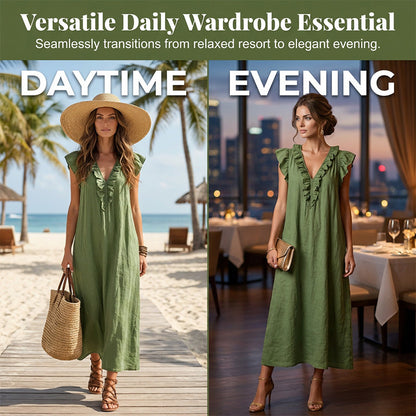 👗 50 % RABATT NÅ! 🌸 Vårkjole uten ermer med V-hals og rysjer for kvinner – Lett og luftig snitt – Perfekt for sommerdager, stranden eller brunsj – sjarmerende og behagelig å ha på seg 💃
