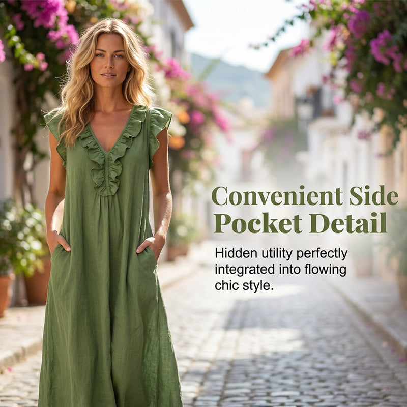 👗 50 % RABATT NÅ! 🌸 Vårkjole uten ermer med V-hals og rysjer for kvinner – Lett og luftig snitt – Perfekt for sommerdager, stranden eller brunsj – sjarmerende og behagelig å ha på seg 💃