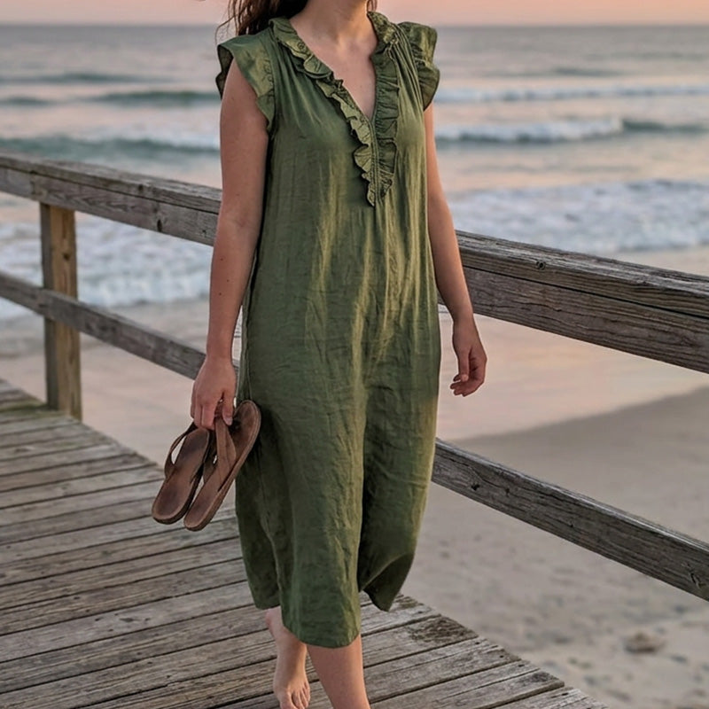 👗 50 % RABATT NÅ! 🌸 Vårkjole uten ermer med V-hals og rysjer for kvinner – Lett og luftig snitt – Perfekt for sommerdager, stranden eller brunsj – sjarmerende og behagelig å ha på seg 💃