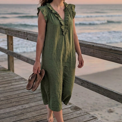 👗 50 % RABATT NÅ! 🌸 Vårkjole uten ermer med V-hals og rysjer for kvinner – Lett og luftig snitt – Perfekt for sommerdager, stranden eller brunsj – sjarmerende og behagelig å ha på seg 💃