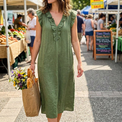 👗 50 % RABATT NÅ! 🌸 Vårkjole uten ermer med V-hals og rysjer for kvinner – Lett og luftig snitt – Perfekt for sommerdager, stranden eller brunsj – sjarmerende og behagelig å ha på seg 💃