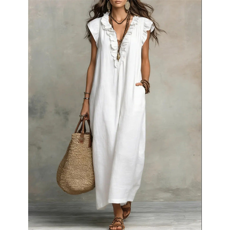 👗 50 % RABATT NÅ! 🌸 Vårkjole uten ermer med V-hals og rysjer for kvinner – Lett og luftig snitt – Perfekt for sommerdager, stranden eller brunsj – sjarmerende og behagelig å ha på seg 💃
