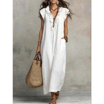 👗 50 % RABATT NÅ! 🌸 Vårkjole uten ermer med V-hals og rysjer for kvinner – Lett og luftig snitt – Perfekt for sommerdager, stranden eller brunsj – sjarmerende og behagelig å ha på seg 💃