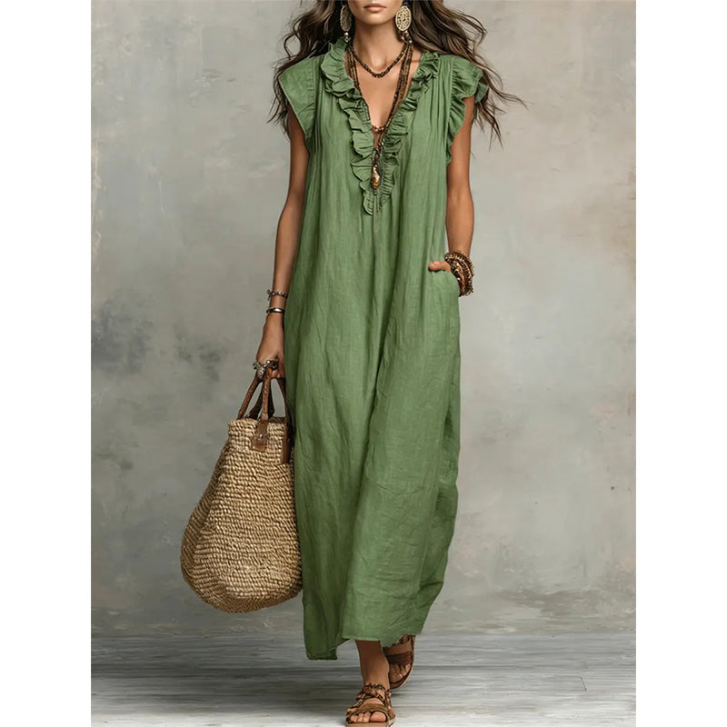 👗 50 % RABATT NÅ! 🌸 Vårkjole uten ermer med V-hals og rysjer for kvinner – Lett og luftig snitt – Perfekt for sommerdager, stranden eller brunsj – sjarmerende og behagelig å ha på seg 💃