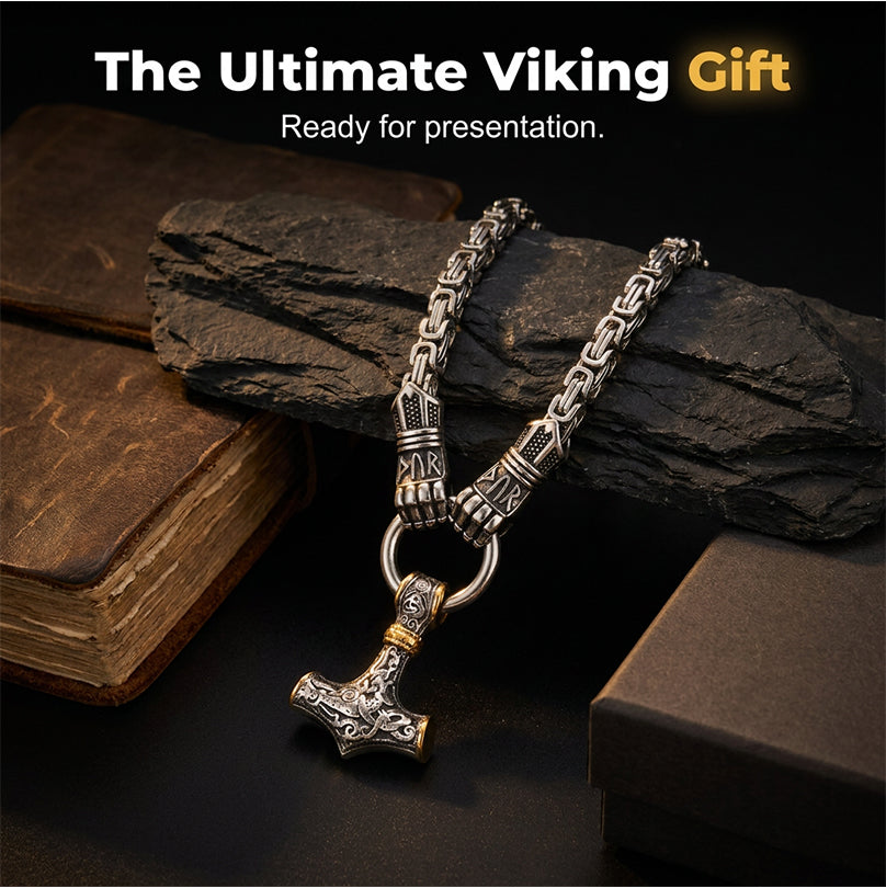 ✨ Halskjede med anheng formet som vikinghammeren Thor, rustfritt stål, bysantinsk kjede