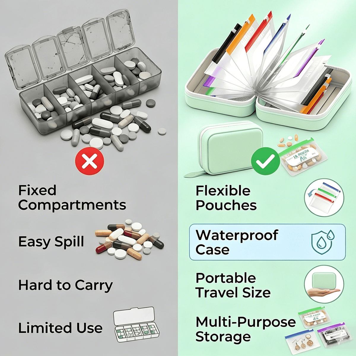 🥳2026 HOT SALE💊 A8 Waterproof 14 Color-Coded Pill Pouches Organizer – Portable Binder-Style Weekly Travel Medicine Storage Case for Pills, Vitamins & Supplements