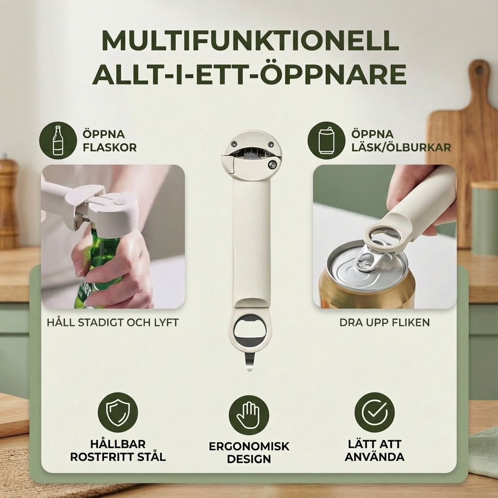 Multifunktionell allt-i-ett-öppnare i rostfritt stål